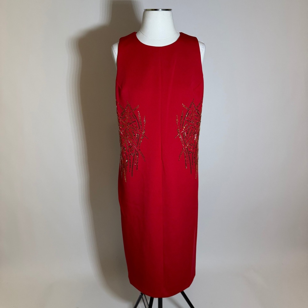 NWD Andrew Marc Red/Gold Embellished Sleeveless Sheath Dress Womens Size 12